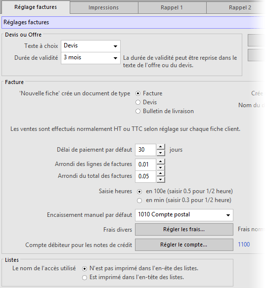 Réglages des factures