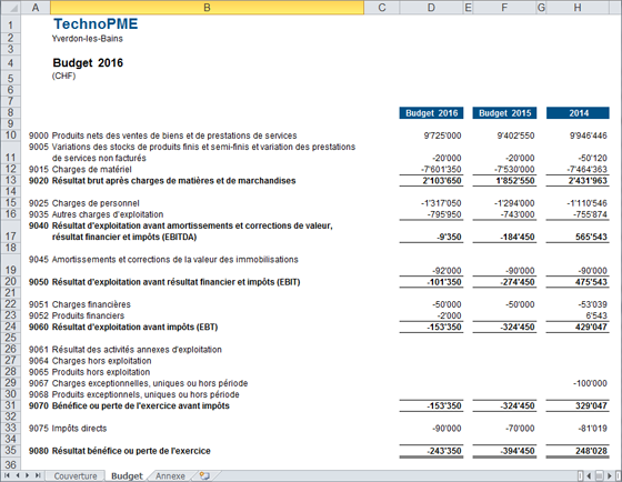 Feuille Excel avec le budget 2016