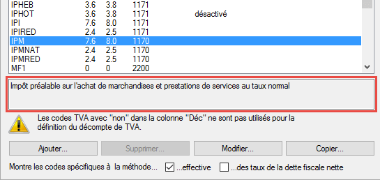 Configuration des codes de TVA