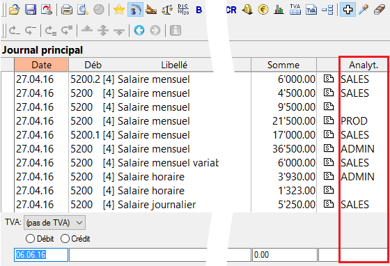 Saisie des codes analytiques