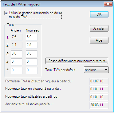 Réglages pour les taux TVA